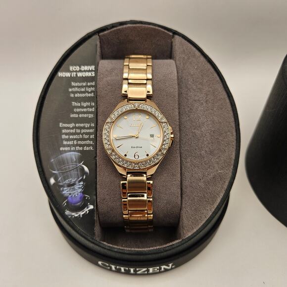 CITIZEN FE1163-56A SILHOUETTE WOMEN'S ECO DRIVE SWAROVSKI CRYSTAL GOLDTONE WATCH - Picture 7 of 7